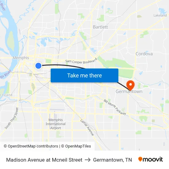 Madison Avenue at Mcneil Street to Germantown, TN map
