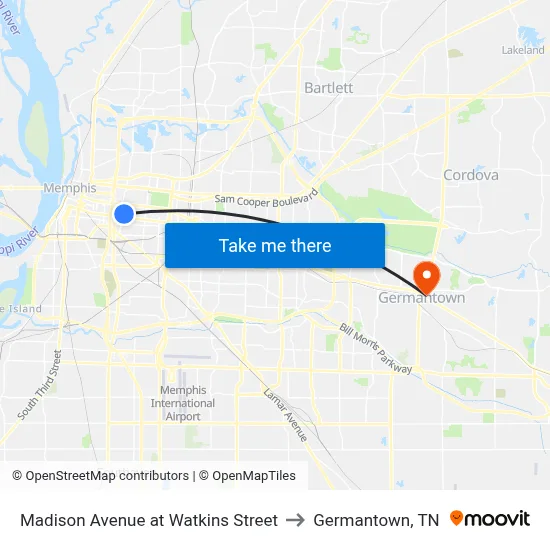Madison Avenue at Watkins Street to Germantown, TN map