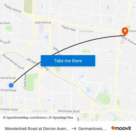 Mendenhall Road at Derron Avenue to Germantown, TN map