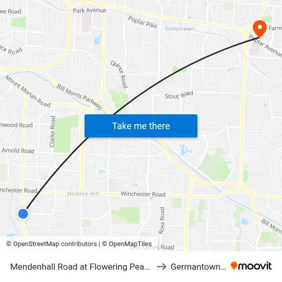 Mendenhall Road at Flowering Peach Drive to Germantown, TN map