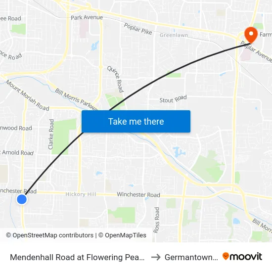 Mendenhall Road at Flowering Peach Drive to Germantown, TN map
