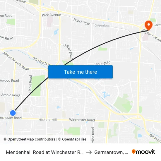 Mendenhall Road at Winchester Road to Germantown, TN map