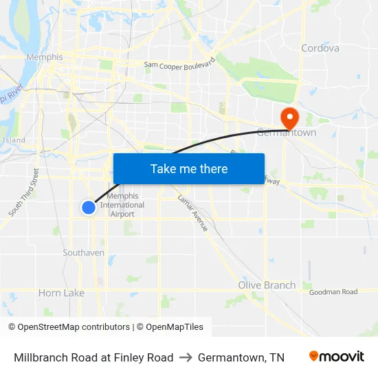 Millbranch Road at Finley Road to Germantown, TN map