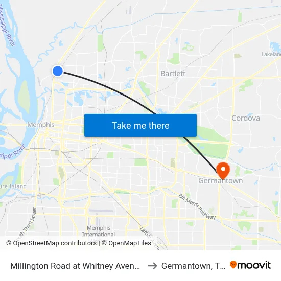 Millington Road at Whitney Avenue to Germantown, TN map