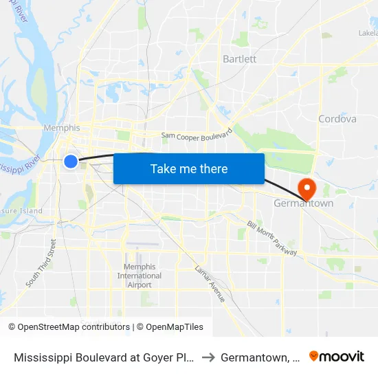 Mississippi Boulevard at Goyer Place to Germantown, TN map
