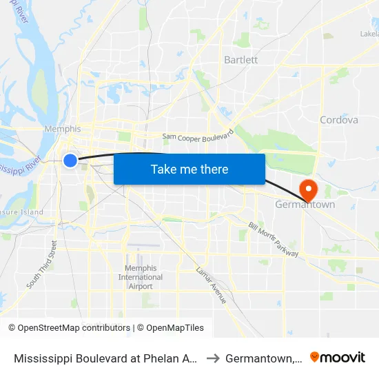 Mississippi Boulevard at Phelan Avenue to Germantown, TN map