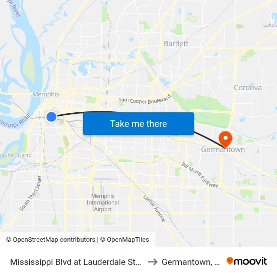 Mississippi Blvd at Lauderdale Street to Germantown, TN map
