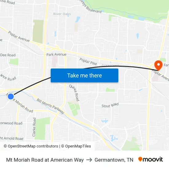 Mt Moriah Road at American Way to Germantown, TN map