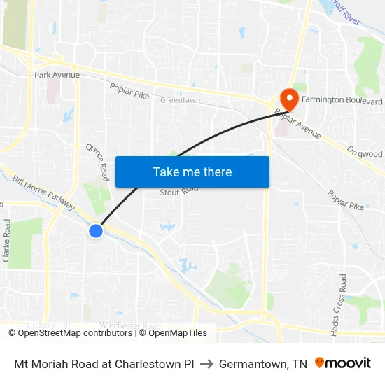 Mt Moriah Road at Charlestown Pl to Germantown, TN map
