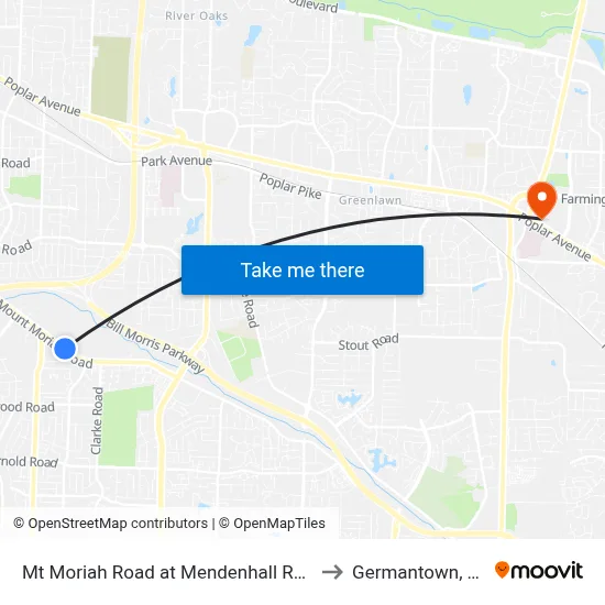 Mt Moriah Road at Mendenhall Road to Germantown, TN map