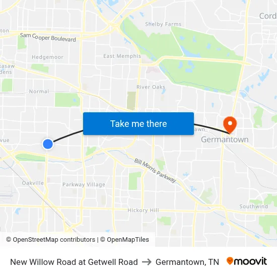 New Willow Road at Getwell Road to Germantown, TN map