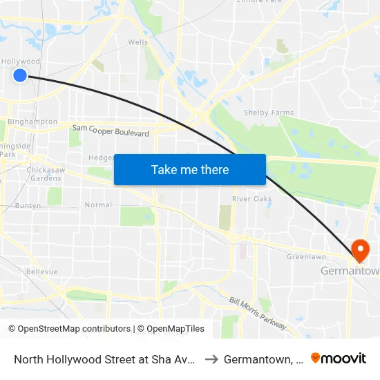 North Hollywood Street at Sha Avenue to Germantown, TN map