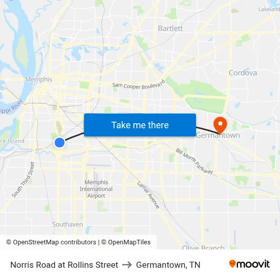 Norris Road at Rollins Street to Germantown, TN map