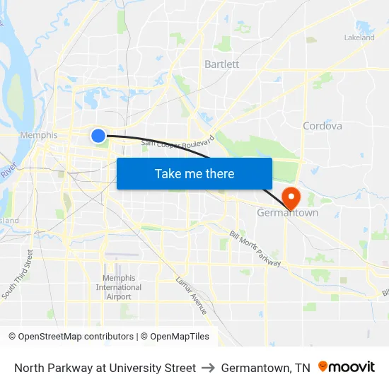 North Parkway at University Street to Germantown, TN map