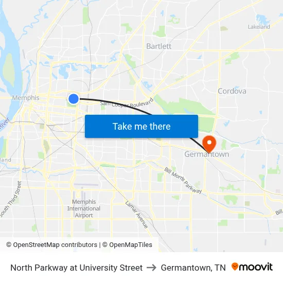 North Parkway at University Street to Germantown, TN map