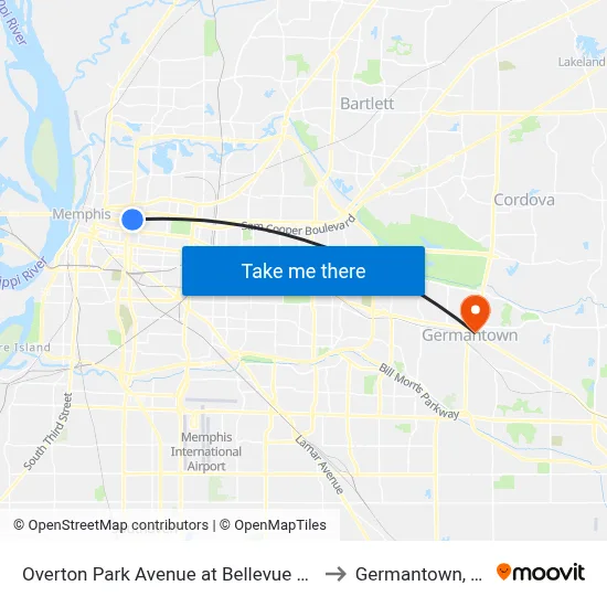 Overton Park Avenue at Bellevue Blvd to Germantown, TN map