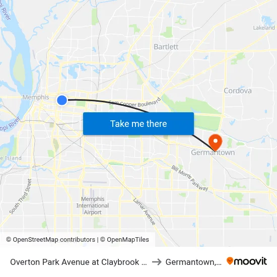 Overton Park Avenue at Claybrook Street to Germantown, TN map