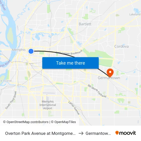 Overton Park Avenue at Montgomery Street to Germantown, TN map