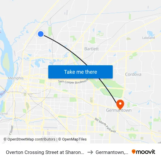 Overton Crossing Street at Sharon Lane to Germantown, TN map