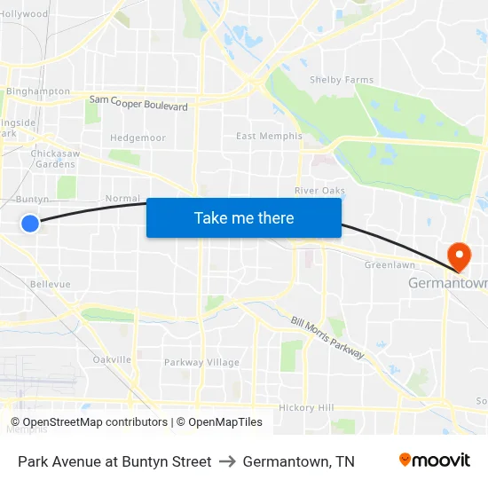 Park Avenue at Buntyn Street to Germantown, TN map