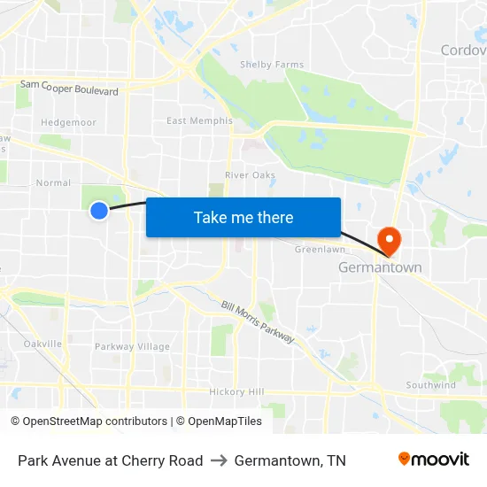 Park Avenue at Cherry Road to Germantown, TN map