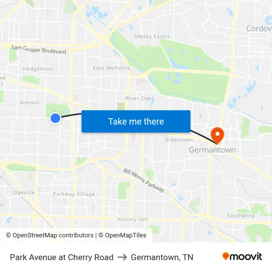 Park Avenue at Cherry Road to Germantown, TN map