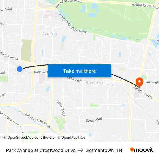 Park Avenue at Crestwood Drive to Germantown, TN map