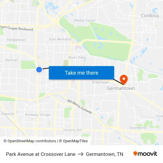 Park Avenue at Crossover Lane to Germantown, TN map