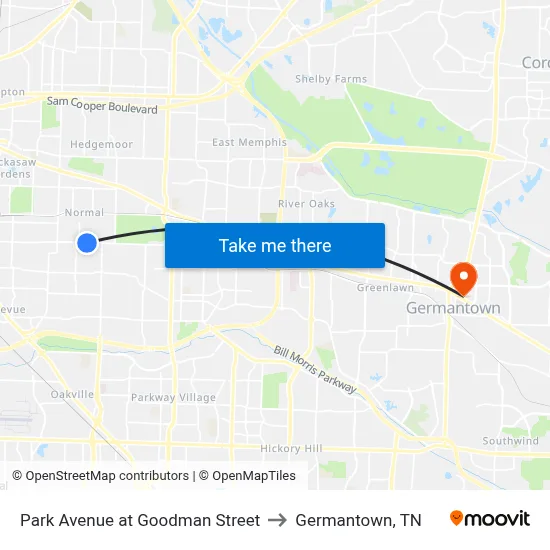 Park Avenue at Goodman Street to Germantown, TN map