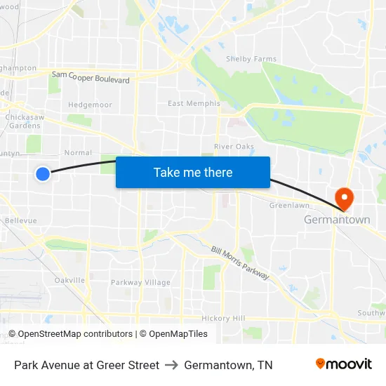 Park Avenue at Greer Street to Germantown, TN map