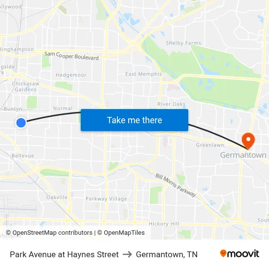 Park Avenue at Haynes Street to Germantown, TN map