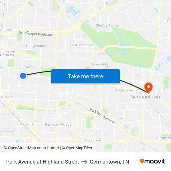 Park Avenue at Highland Street to Germantown, TN map