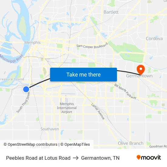 Peebles Road at Lotus Road to Germantown, TN map