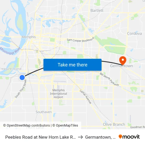 Peebles Road at New Horn Lake Road to Germantown, TN map