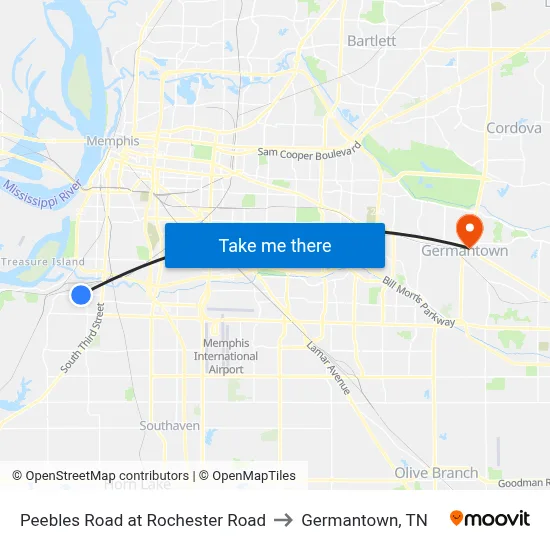 Peebles Road at Rochester Road to Germantown, TN map