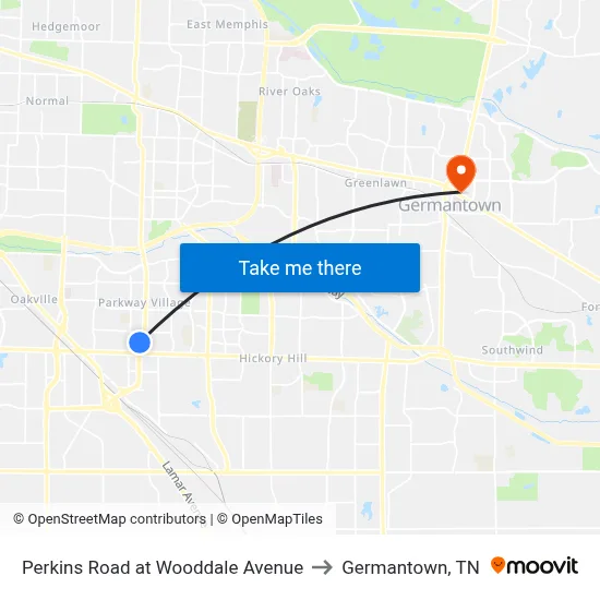 Perkins Road at Wooddale Avenue to Germantown, TN map