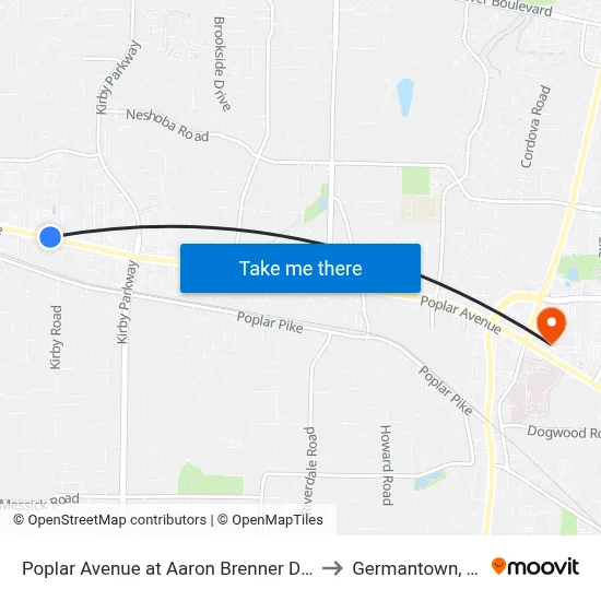 Poplar Avenue at Aaron Brenner Drive to Germantown, TN map