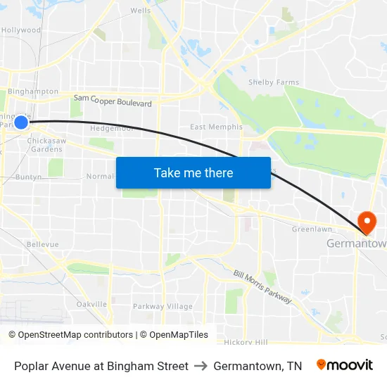 Poplar Avenue at Bingham Street to Germantown, TN map