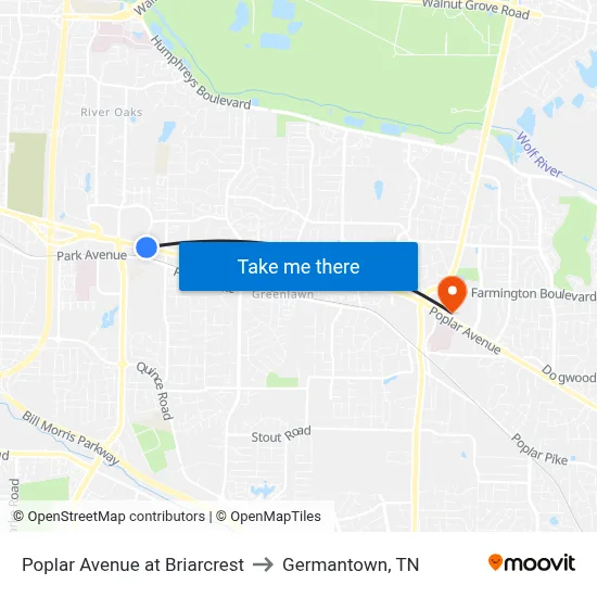 Poplar Avenue at Briarcrest to Germantown, TN map