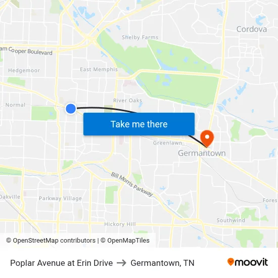 Poplar Avenue at Erin Drive to Germantown, TN map