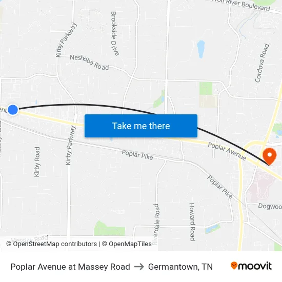 Poplar Avenue at Massey Road to Germantown, TN map
