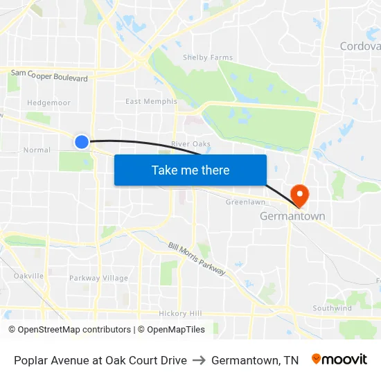 Poplar Avenue at Oak Court Drive to Germantown, TN map