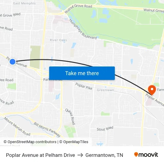 Poplar Avenue at Pelham Drive to Germantown, TN map