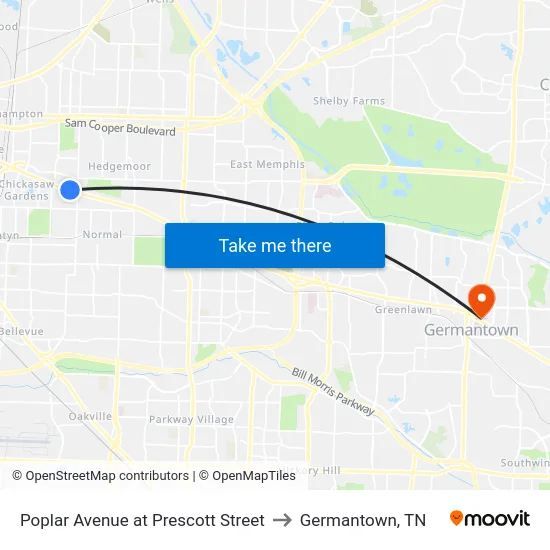Poplar Avenue at Prescott Street to Germantown, TN map
