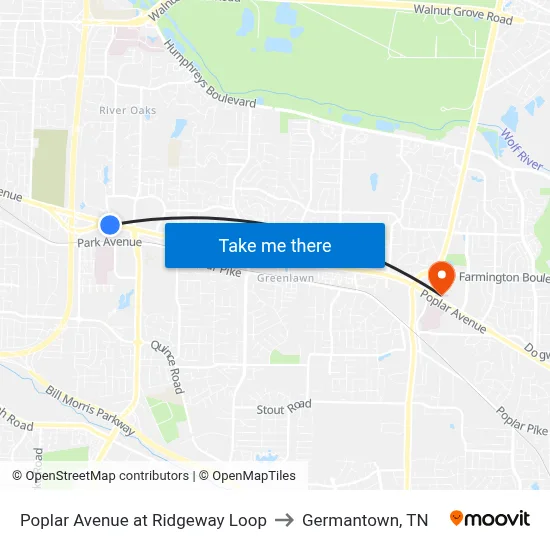 Poplar Avenue at Ridgeway Loop to Germantown, TN map