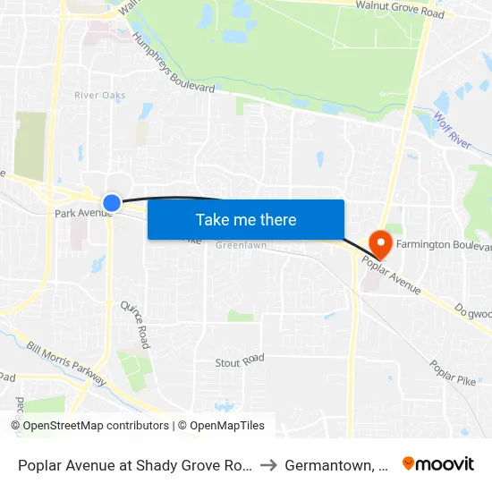 Poplar Avenue at Shady Grove Road to Germantown, TN map