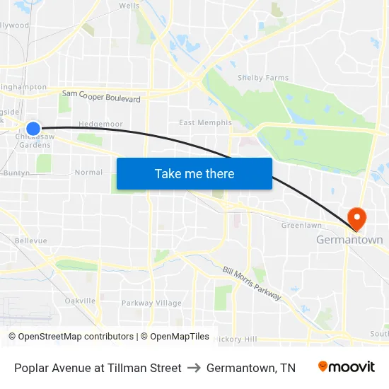 Poplar Avenue at Tillman Street to Germantown, TN map