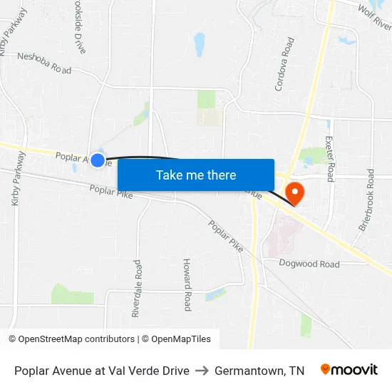 Poplar Avenue at Val Verde Drive to Germantown, TN map