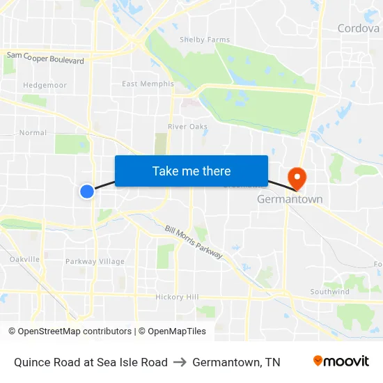 Quince Road at Sea Isle Road to Germantown, TN map