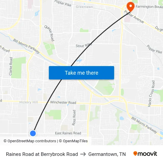 Raines Road at Berrybrook Road to Germantown, TN map
